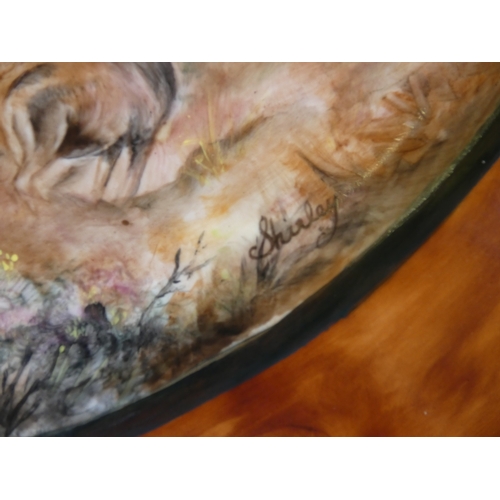 309 - Shirley Berrow signed handpainted porcelain oval serving plate, decorated with stag and deer in land... 