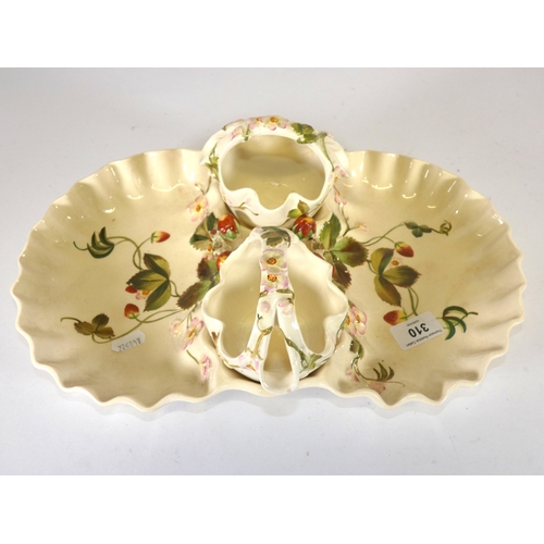 310 - George Jones faience ceramic strawberry dish with integral sugar bowls.