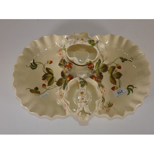 310 - George Jones faience ceramic strawberry dish with integral sugar bowls.