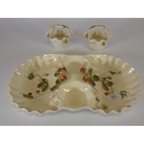 310 - George Jones faience ceramic strawberry dish with integral sugar bowls.
