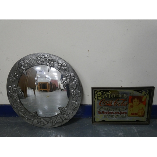 348 - Art Nouveau style pewter framed circular wall mirror, and a Reproduction advert mirror for Coca-Cola... 