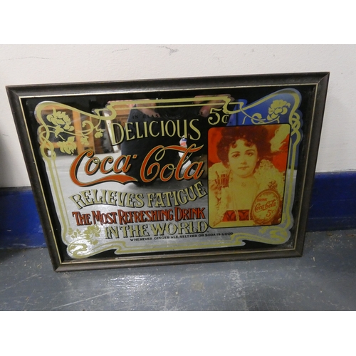 348 - Art Nouveau style pewter framed circular wall mirror, and a Reproduction advert mirror for Coca-Cola... 