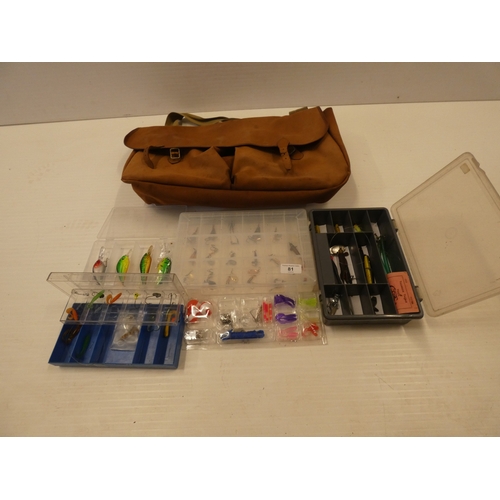 81 - Fishing bag containing assorted boxes of trout lures etc.