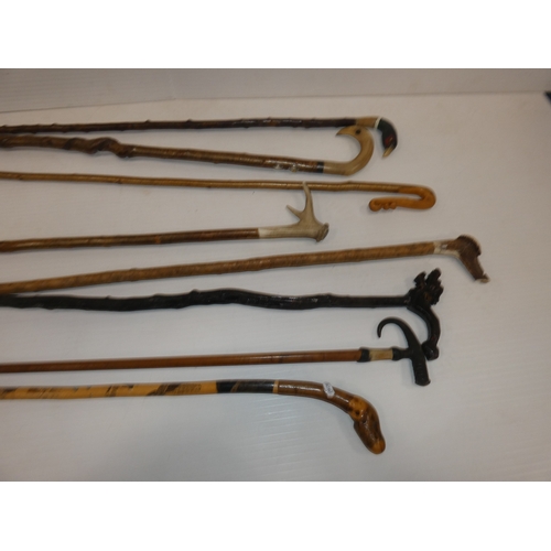 90 - Group of walking sticks to include an example with an antler grip and another with a pheasant head.