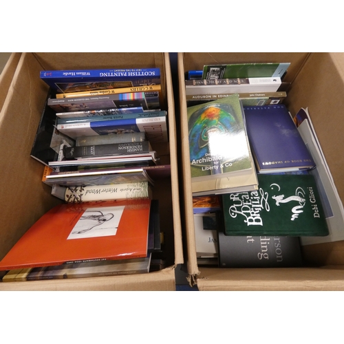 95 - Two boxes of general books and novels, to include The designs of Archibald Knox for Liberty & Co... 