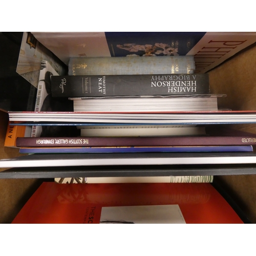 95 - Two boxes of general books and novels, to include The designs of Archibald Knox for Liberty & Co... 