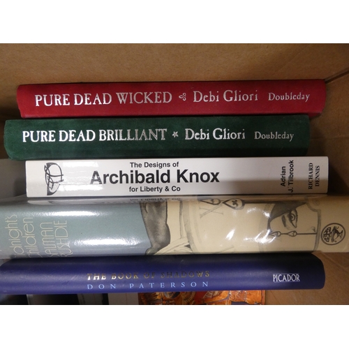 95 - Two boxes of general books and novels, to include The designs of Archibald Knox for Liberty & Co... 