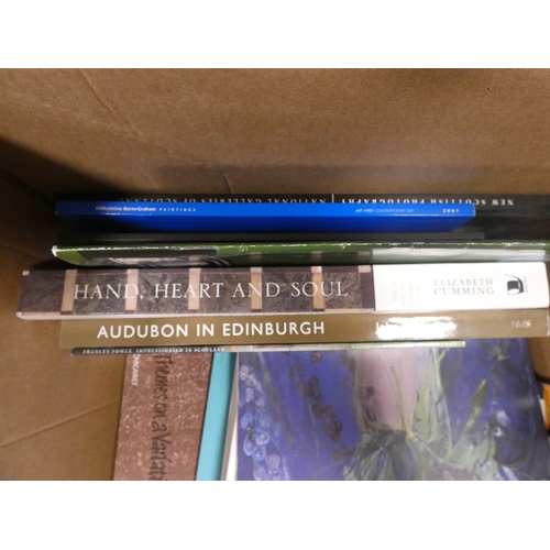 95 - Two boxes of general books and novels, to include The designs of Archibald Knox for Liberty & Co... 