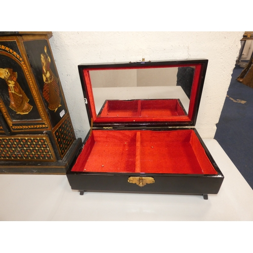 97 - Indian themed painted jewellery box, and a modern Chinese style lacquered jewellery box. (2)