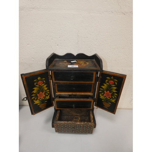 97 - Indian themed painted jewellery box, and a modern Chinese style lacquered jewellery box. (2)