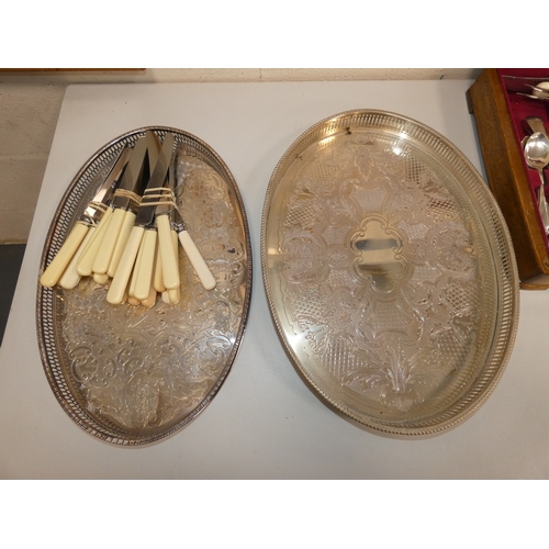 98 - Cased stainless and silver plated part canteen of cutlery, loose table knives and two oval gallery t... 