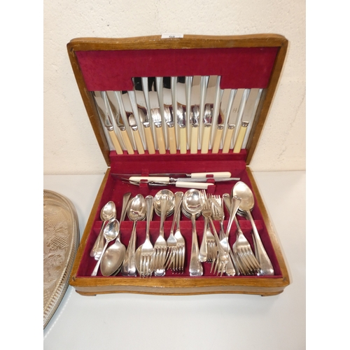 98 - Cased stainless and silver plated part canteen of cutlery, loose table knives and two oval gallery t... 