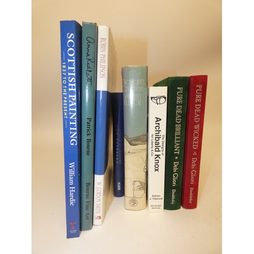 95 - Two boxes of general books and novels, to include The designs of Archibald Knox for Liberty & Co... 