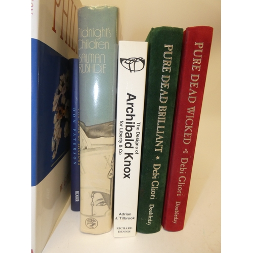 95 - Two boxes of general books and novels, to include The designs of Archibald Knox for Liberty & Co... 