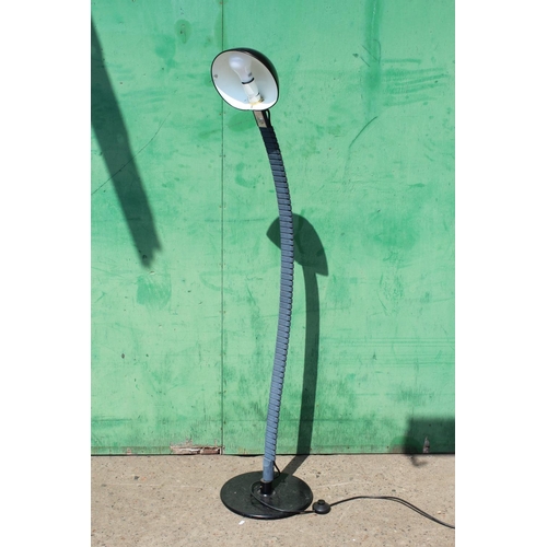 490 - Late 20th century standard lamp with black circular metal shade and flexible stem, circular plinth b... 