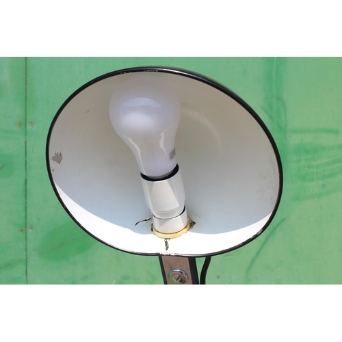 490 - Late 20th century standard lamp with black circular metal shade and flexible stem, circular plinth b... 