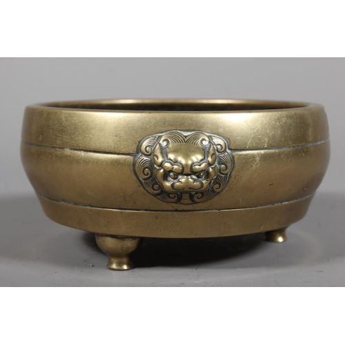438 - Chinese bronze censer of shallow bowl form with fu dog handles, six character mark to the side and d... 