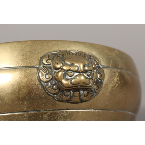 438 - Chinese bronze censer of shallow bowl form with fu dog handles, six character mark to the side and d... 