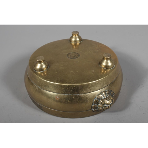 438 - Chinese bronze censer of shallow bowl form with fu dog handles, six character mark to the side and d... 