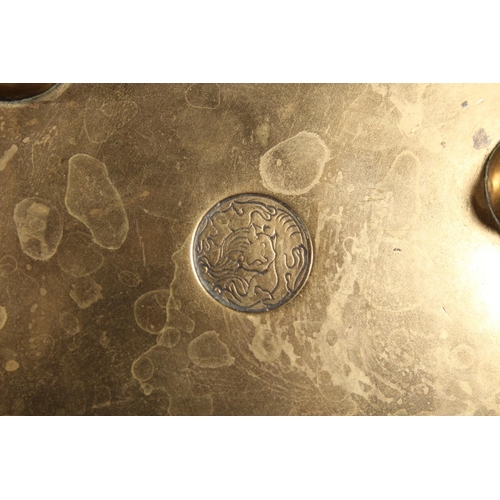 438 - Chinese bronze censer of shallow bowl form with fu dog handles, six character mark to the side and d... 