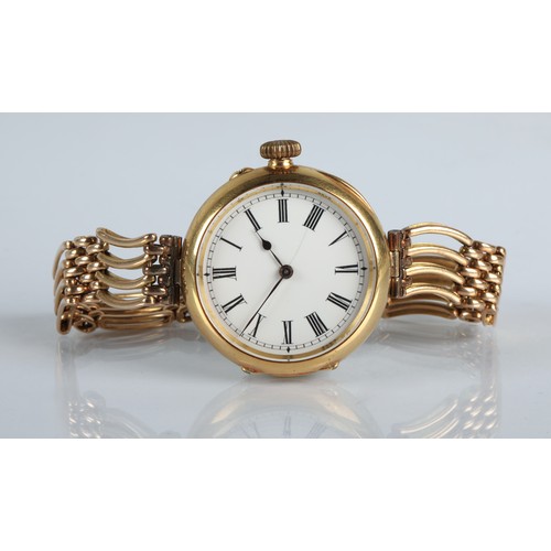 145 - 18ct gold ladies wristwatch with gold strap tested as 14ct gold, white enamelled dial cracked, gross... 