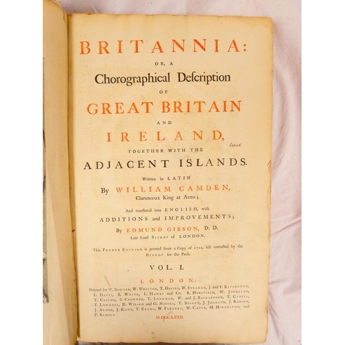 236 - CAMDEN WILLIAM.&nbsp;&nbsp;Britannia. Ed. by Edmund Gibson. 2 vols. Titles in red & black. Eng. ... 