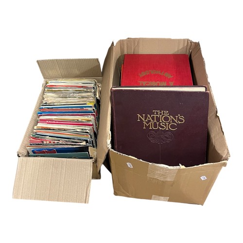 Collection of music reference books with assorted 7'' singles.