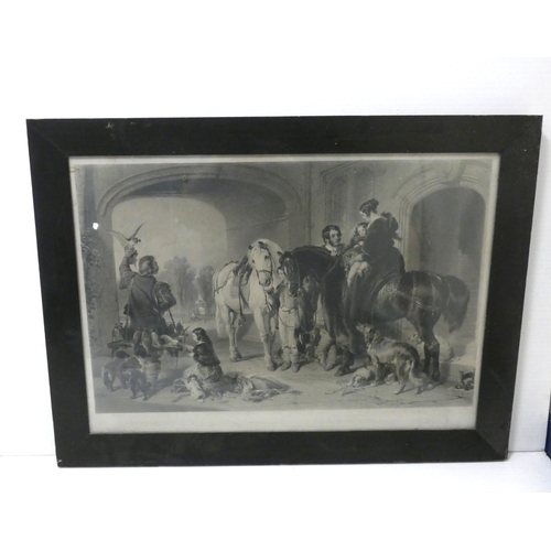 16 - 19th century print of a family group with horses and game, 56cm x 88cm.