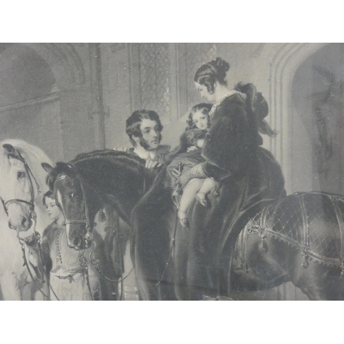 16 - 19th century print of a family group with horses and game, 56cm x 88cm.