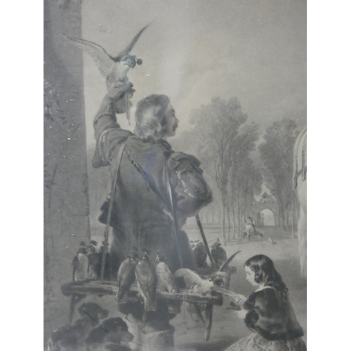 16 - 19th century print of a family group with horses and game, 56cm x 88cm.