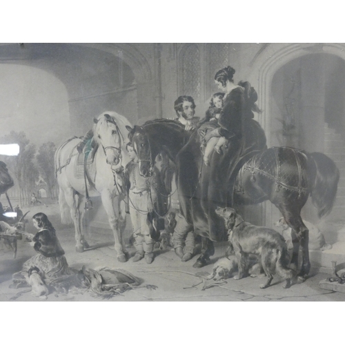 16 - 19th century print of a family group with horses and game, 56cm x 88cm.