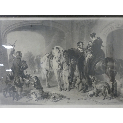 16 - 19th century print of a family group with horses and game, 56cm x 88cm.