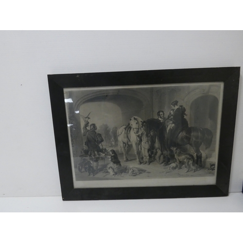 16 - 19th century print of a family group with horses and game, 56cm x 88cm.
