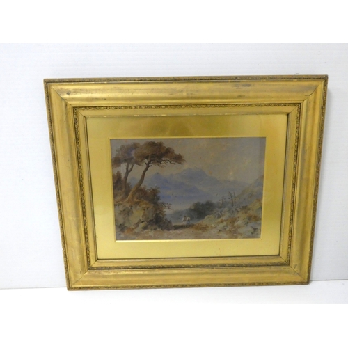 19 - 19th century Italian SchoolFigure on a hillside overlooking a lake.watercolour, 28cm x 40cm.... 