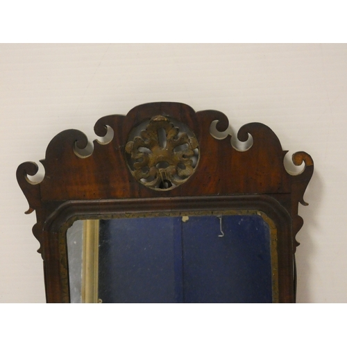 2 - 19th century mahogany fret carved wall mirror, 84cm high.