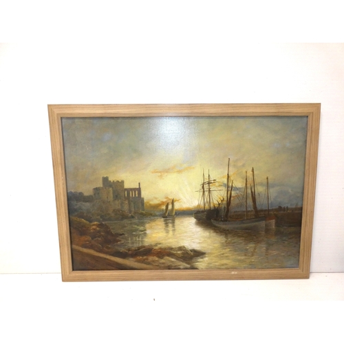 23 - G.J. Ride, British 19th century.Castle and Piersigned oil on canvas, Label verso for Whates FA Galle... 