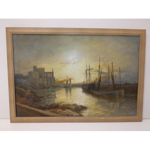 23 - G.J. Ride, British 19th century.Castle and Piersigned oil on canvas, Label verso for Whates FA Galle... 