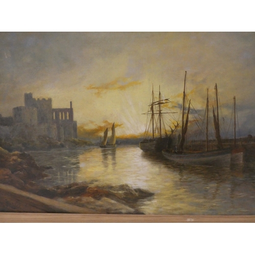 23 - G.J. Ride, British 19th century.Castle and Piersigned oil on canvas, Label verso for Whates FA Galle... 