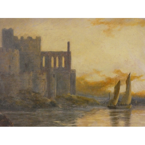 23 - G.J. Ride, British 19th century.Castle and Piersigned oil on canvas, Label verso for Whates FA Galle... 