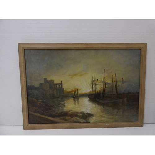 23 - G.J. Ride, British 19th century.Castle and Piersigned oil on canvas, Label verso for Whates FA Galle... 