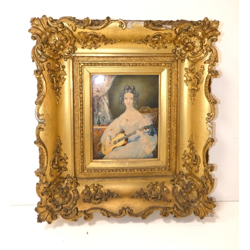 24 - British School 19th centuryPortrait of a Lady playing a guitar.Signed indistinctly, watercolour, 25c... 