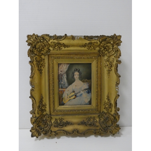 24 - British School 19th centuryPortrait of a Lady playing a guitar.Signed indistinctly, watercolour, 25c... 