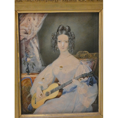 24 - British School 19th centuryPortrait of a Lady playing a guitar.Signed indistinctly, watercolour, 25c... 