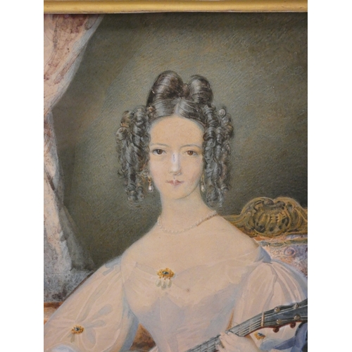 24 - British School 19th centuryPortrait of a Lady playing a guitar.Signed indistinctly, watercolour, 25c... 
