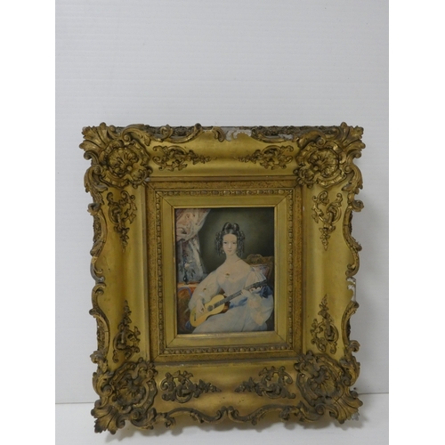 24 - British School 19th centuryPortrait of a Lady playing a guitar.Signed indistinctly, watercolour, 25c... 