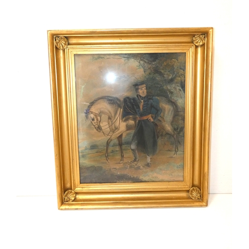 26 - 19th century SchoolFrench solider by a horse.watercolour, 46cm x 36cm, Label to verso inscribed to M... 