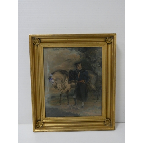 26 - 19th century SchoolFrench solider by a horse.watercolour, 46cm x 36cm, Label to verso inscribed to M... 