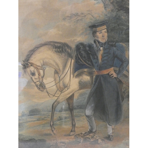 26 - 19th century SchoolFrench solider by a horse.watercolour, 46cm x 36cm, Label to verso inscribed to M... 