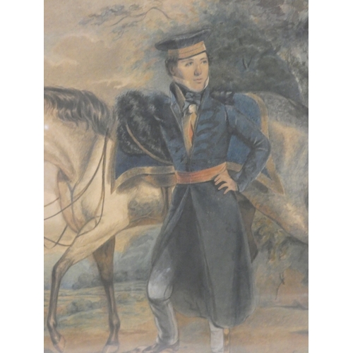 26 - 19th century SchoolFrench solider by a horse.watercolour, 46cm x 36cm, Label to verso inscribed to M... 