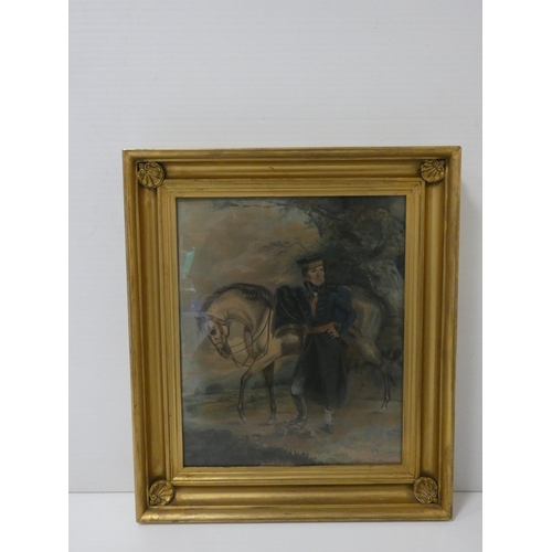 26 - 19th century SchoolFrench solider by a horse.watercolour, 46cm x 36cm, Label to verso inscribed to M... 